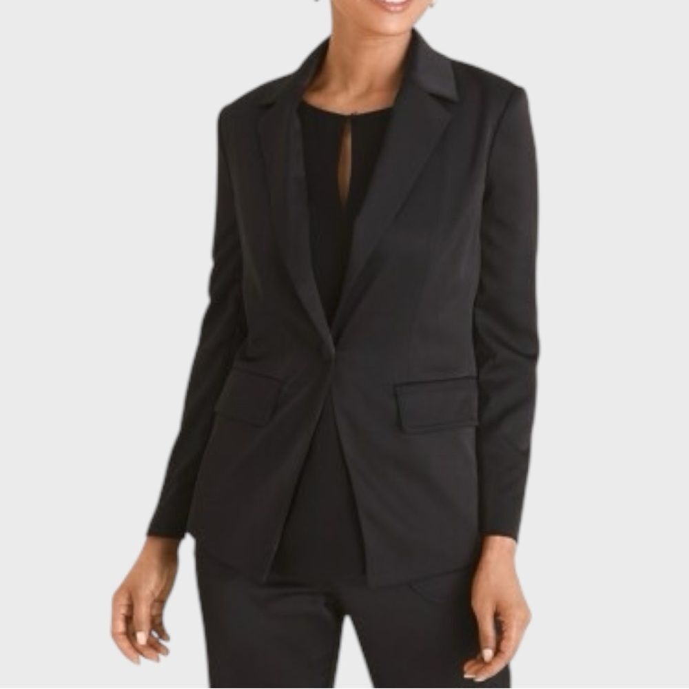 Chico’s Black Label Matte Black Satin Single Button Tuxedo Blazer Women’s Size 8